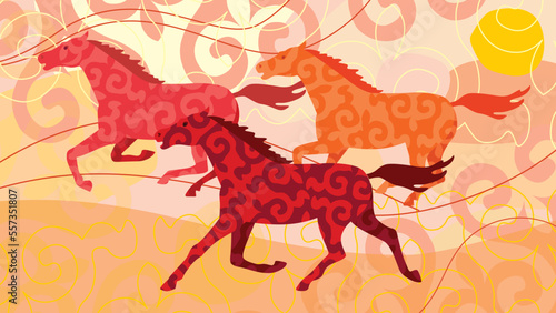 Vector image of horses running across the steppe with national ornaments © Anna