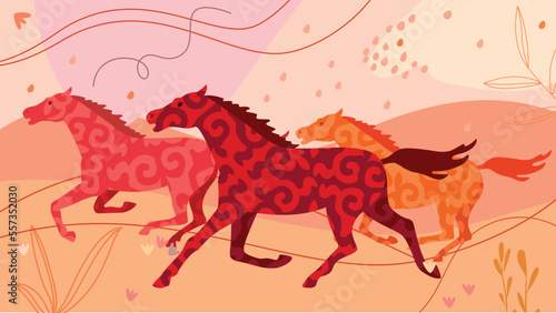 Vector image of horses running across the steppe with national ornaments
