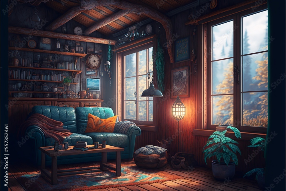 Fototapeta premium Cozy cyberpunk wooden house interior 