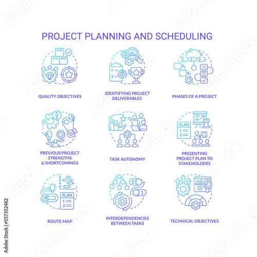 Project planning and scheduling blue gradient concept icons set. Business improvement idea thin line color illustrations. Isolated symbols. Roboto-Medium, Myriad Pro-Bold fonts used
