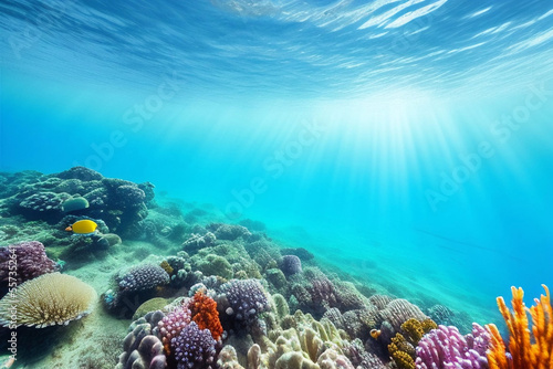 Underwater scene. Ocean coral reef underwater. Sea world under water background. Waterline and underwater background. Empty space for text.