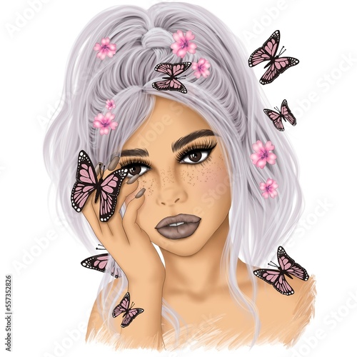 Fashion Girl With Butterfly Isolated On A White Background Hand Drawn Illustration	