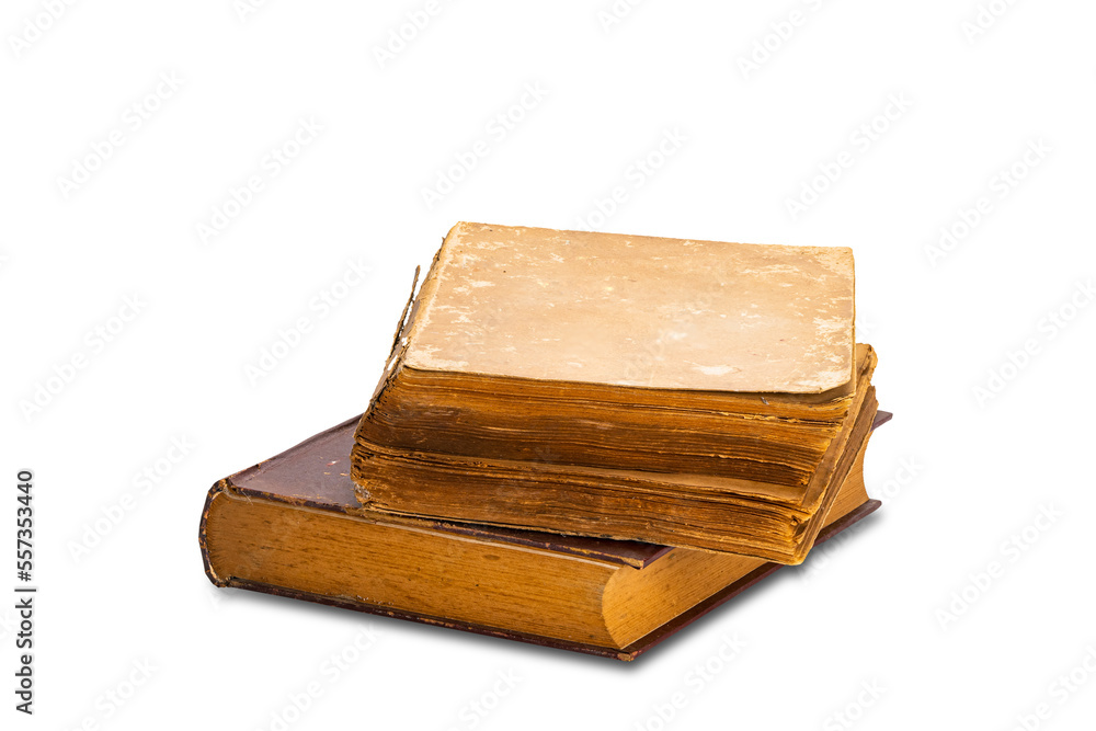 Closeup of stained hardcover two old books isolated on white background with clipping path. Closeup of stained hardcover two old books isolated on white background with clipping path.