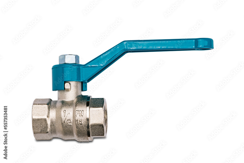Side view closeup of metal water ball valve with blue handle isolated on white background with clipping path.