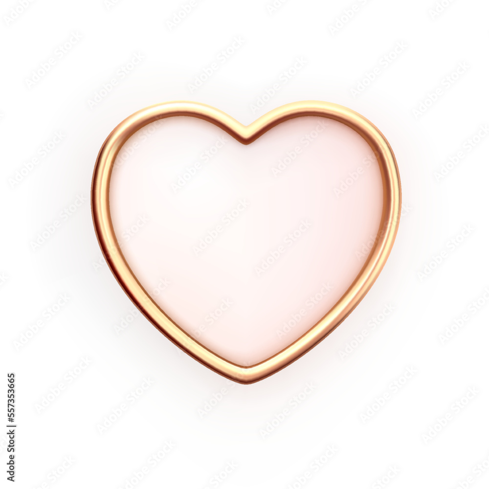 Gold Heart Frame. 3d realistic pink heart with golden rim isolated on white background. Valentine's Day, Wedding, Birthday, Anniversary, Mother's Day decoration. Conceptual symbol. 3d vector object Gold Heart Frame. 3d realistic pink heart with golden rim isolated on white background. Valentine's Day, Wedding, Birthday, Anniversary, Mother's Day decoration. Conceptual symbol. 3d vector object