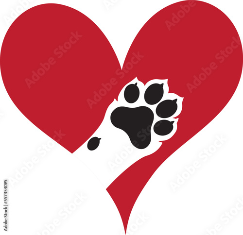 love paw print vector logo illustration. paw print with a heart symbol dog paw print. veterinary clinic logo. animal care sign.