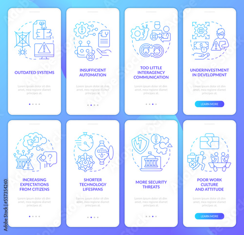 Public sector issues blue gradient onboarding mobile app screen set. Walkthrough 4 steps graphic instructions with linear concepts. UI, UX, GUI template. Myriad Pro-Bold, Regular fonts used