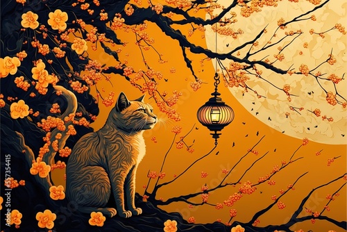 Generative AI abstract design chinese new year cute cats with spring colors, surreal fantasy, Apricot blossom. Happy new year concept 2023. Year of Cat. Lunar new year photo