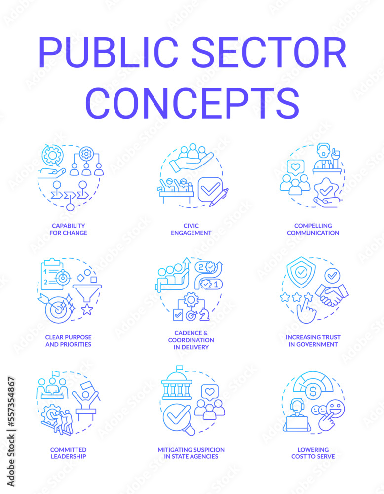 Public sector blue gradient concept icons set. Governmental services and enterprises. idea thin line color illustrations. Isolated symbols. Roboto-Medium, Myriad Pro-Bold fonts used