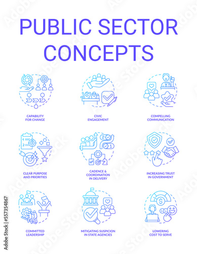 Public sector blue gradient concept icons set. Governmental services and enterprises. idea thin line color illustrations. Isolated symbols. Roboto-Medium, Myriad Pro-Bold fonts used © bsd studio
