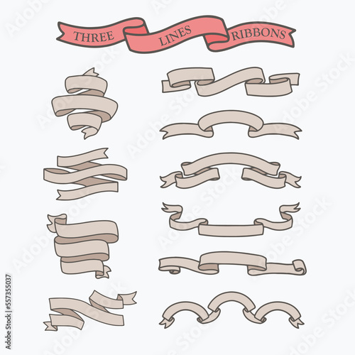 VECTORS. Three lines ribbons with flat shading, three-stripe banners for multiple words, numbers or phrases, lineal