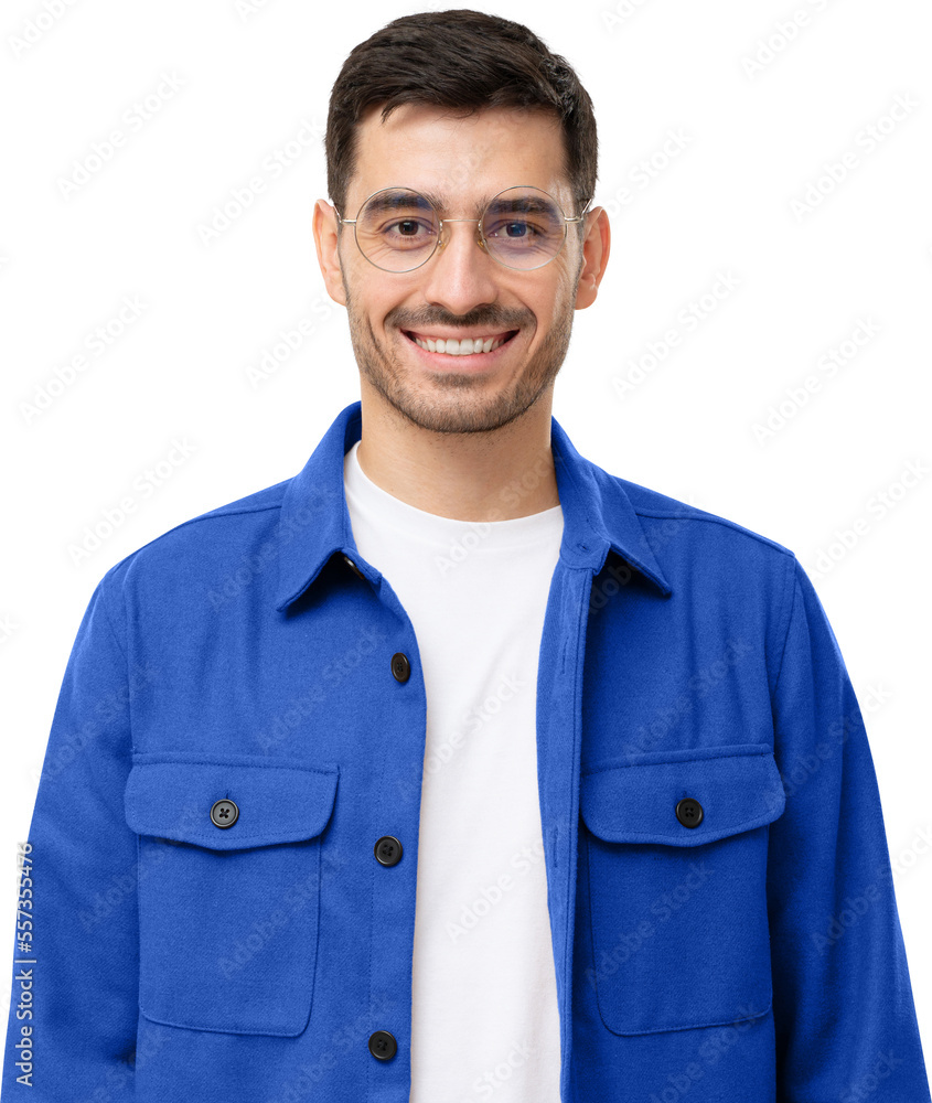 Portrait of young male teacher in round glasses and casual blue shirt looking at camera Portrait of young male teacher in round glasses and casual blue shirt looking at camera