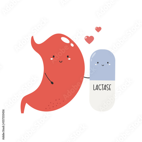 Vector illustration of happy stomack with lactase pill