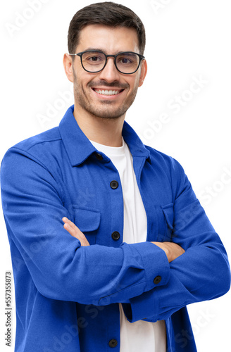Obraz na plátně Young hispanic man wearing blue shirt and glasses, looking at camera with positi