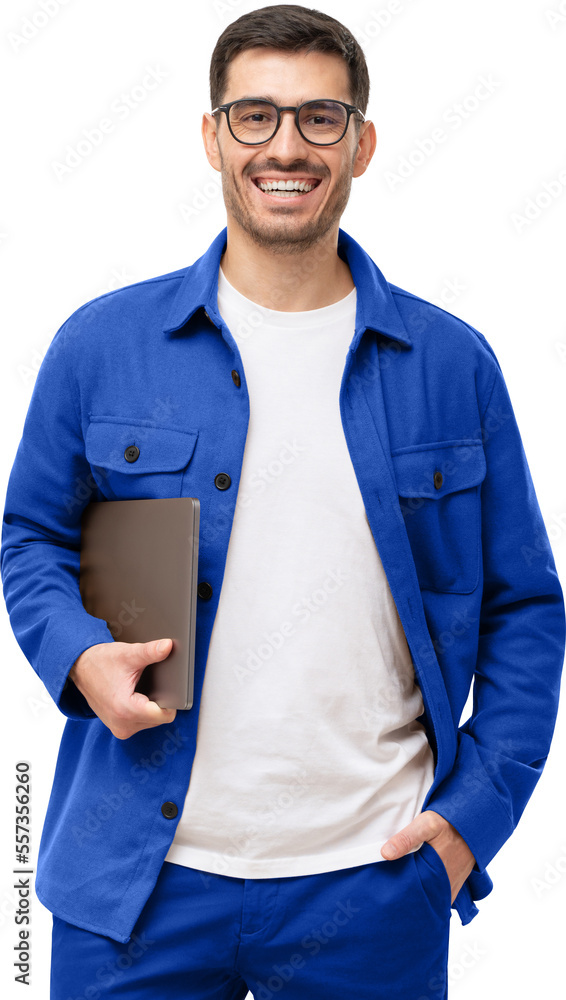 Fototapeta premium Young smiling modern man or male teacher holding laptop, isolated on gray background