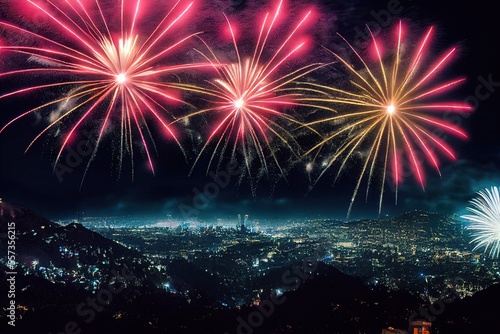 New Year's Fireworks Celebration over World Cities and Landmarks Illustration Background Image photo