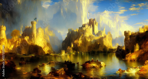 A fantasy painting of a mediaeval castle surrounded by mountains. Generative AI