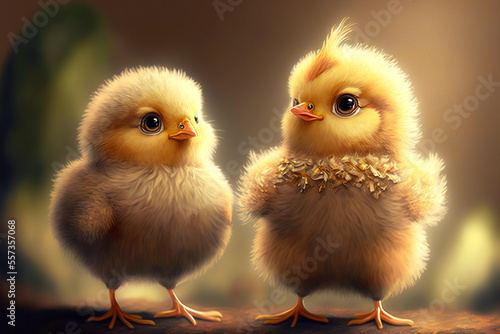 Print op canvas Cute chicks with yellow cannon and black shiny eyes