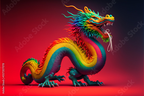 Chinese dragon of Lunar New Year on a red background, illustration, Generative AI © Sharon