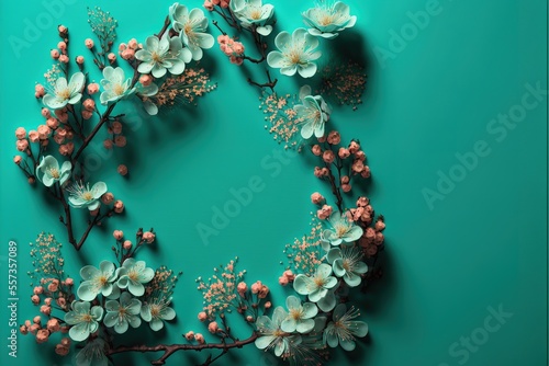 Pretty spring cherry blossom branches on turquoise blue background with copy space for your design. Springtime holidays and nature concept flower Generated AI
