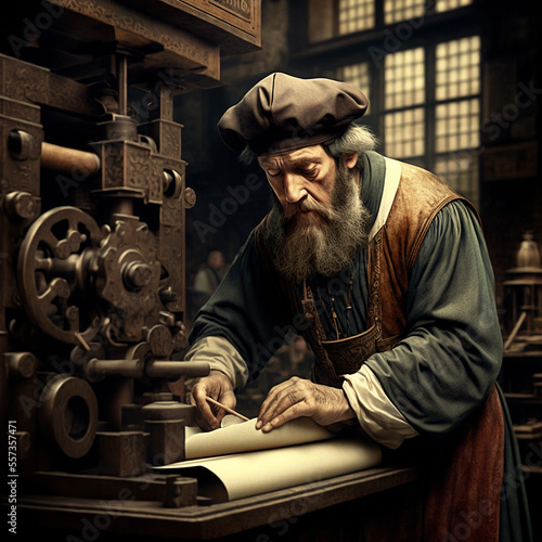 Gutenberg in his workshop dealing with first printing press machine in 15th century. Content made with generative AI not based on real persons. photo