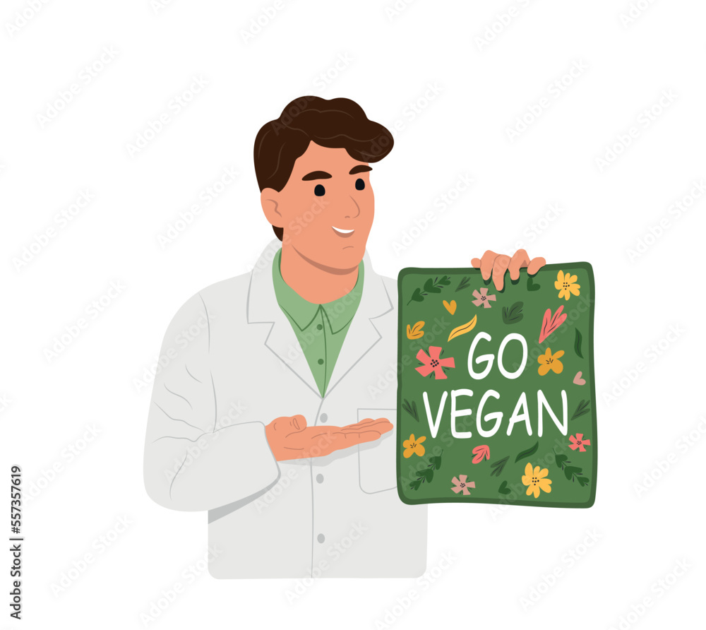 Presentation of the vegan diet month in January called Veganuary. Young smiling nutritionist doctor calls for veganism in January. Vector flat illustration Presentation of the vegan diet month in January called Veganuary. Young smiling nutritionist doctor calls for veganism in January. Vector flat illustration