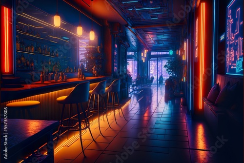 Cyberpunk night bar interior with neon lights, illustration, Generative AI
