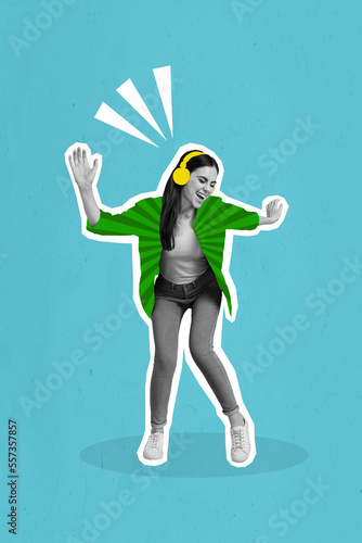 Collage photo designed promo artwork new headphones advertisement youngster girl dancing listen best quality sound isolated on blue background photo