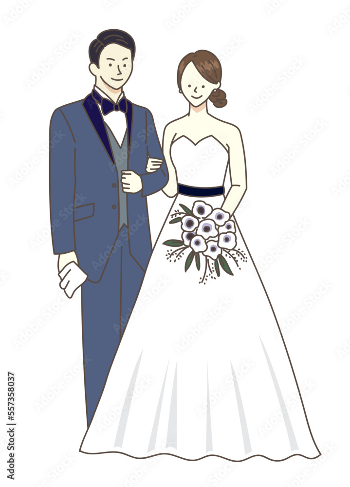 女性　ウエディングドレス　結婚式　花嫁　イラスト	

