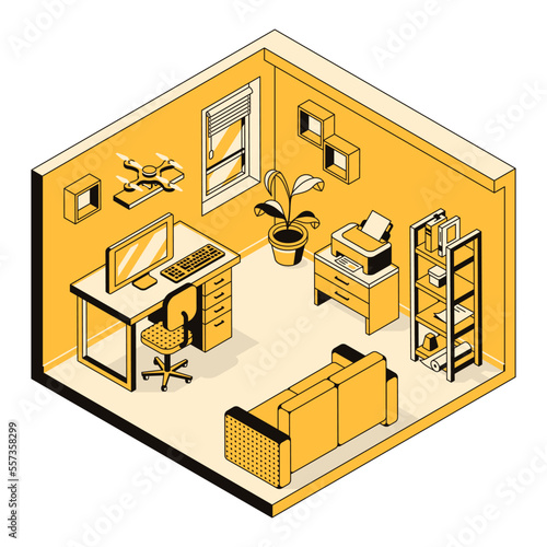 Office equipment isometric printer interior paper furniture style. Set of  vector isometric office equipment pen tablet computer industry. Isometric office  equipment speakers room digital box symbol. Stock Vector