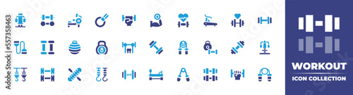 Workout icon collection. Duotone color. Vector illustration. Containing exercise, dumbbell, rowing machine, pull up, lifting, heart rate, treadmill, gym, chest expander, weight, and more. photo