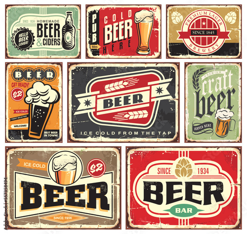 Retro beer signs collection. Vintage beers and drinks posters and pub decorations on old rusty metal background. Nostalgic vector advertisements graphics.