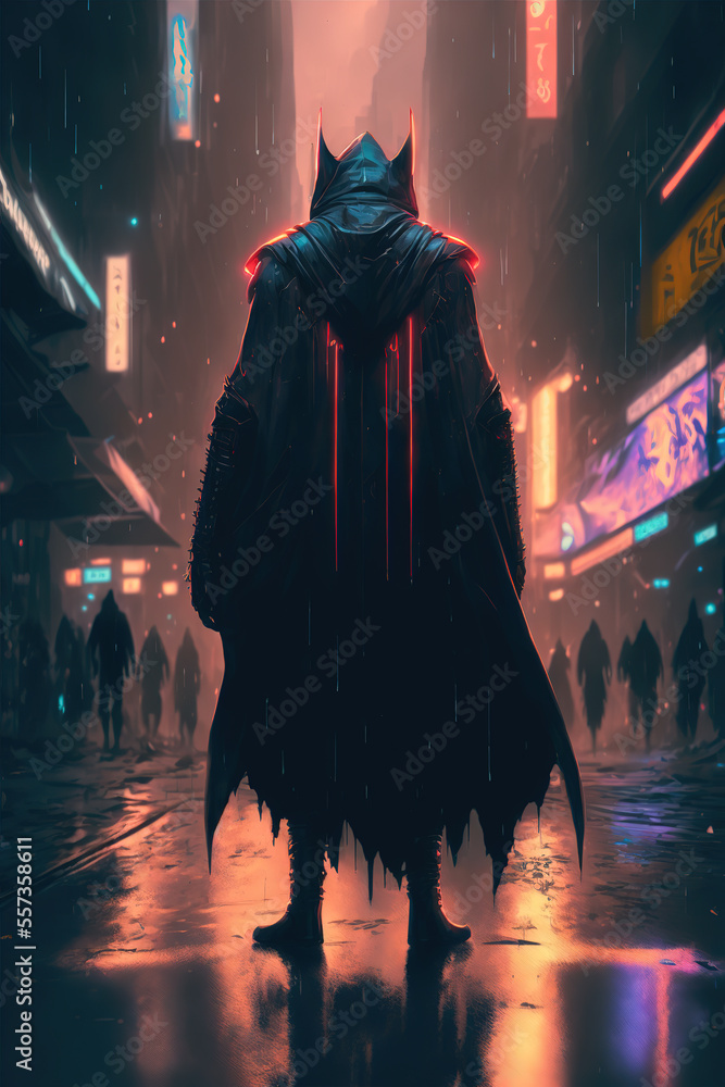 black cape, street, rain, neon, reflection, cyberpunk, art illustration