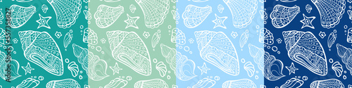 Polynesian shell irregular seamless pattern collection. Zenart conch endless texture set. Marine recolors bundle.Tribal sea random repeat boundless background. Maori ocean surface design.Cold colors