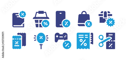 Discount icon set. Duotone color. Vector illustration. Containing discount, smartphone, shopping bag, gift, discount voucher, discount balloons, bill, cut.