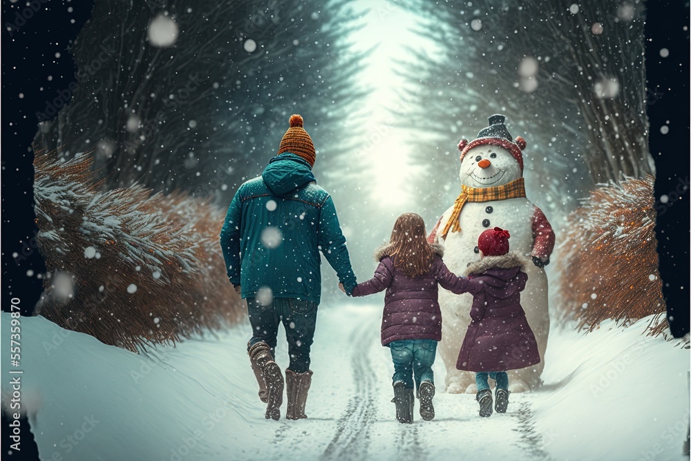 Vater spaziert mit zwei Kindern gemeinsam im Schnee durch einen Waldpfad an einem Schneemann vorbei