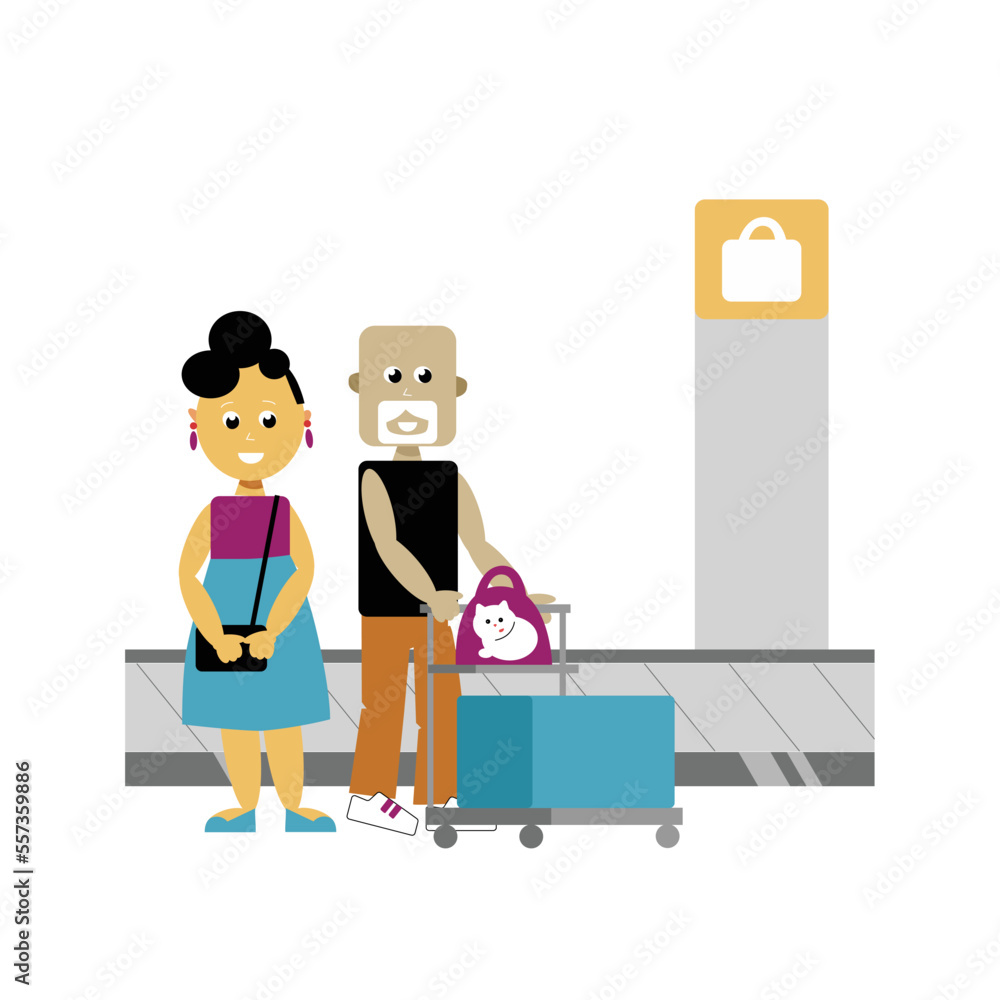 Family is near the carousel at the airport. Man and woman grabbed their baggage. People have bags and cat in pet bag Family is near the carousel at the airport. Man and woman grabbed their baggage. People have bags and cat in pet bag