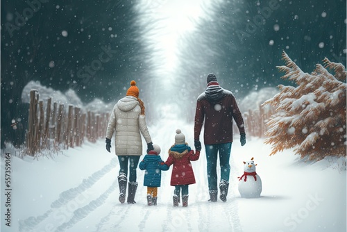 4-köpfige Familie mit zwei Kindern spaziert gemeinsam im Schnee durch einen Waldpfad an einem Schneemann vorbei photo