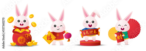 2023 Chinese new year with cute rabbit in different wishing pose.  Translation  Welcome the new year with jade rabbit 