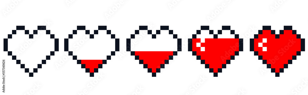 Pixel game life bar, bit health heart bar. Gaming control, symbol set ...