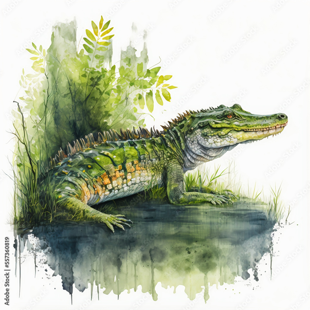 Watercolor alligator in the swamp illustration, Generative AI - obrazy, fototapety, plakaty 