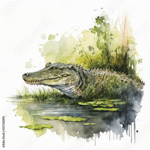 Murais de parede Watercolor alligator in the swamp illustration, Generative AI