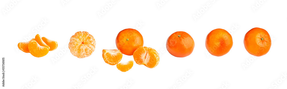 Isolated citrus, tangerine collection. Whole tangerine fruit peeled segments isolated on white background with clipping path. Isolated citrus, tangerine collection. Whole tangerine fruit peeled segments isolated on white background with clipping path.