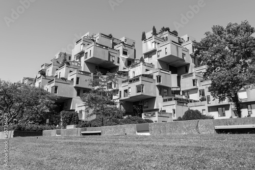 MONTREAL, CANADA Habitat 67 is a housing complex in Montreal.Habitat 67 apartments.Modern architecture. Photograph Habitat 67 in black and white.
