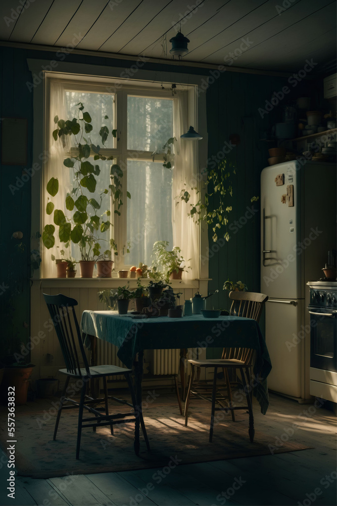 a kitchen with a table and chairs in front of a window and few overgrown plants created with Generative AI Technology