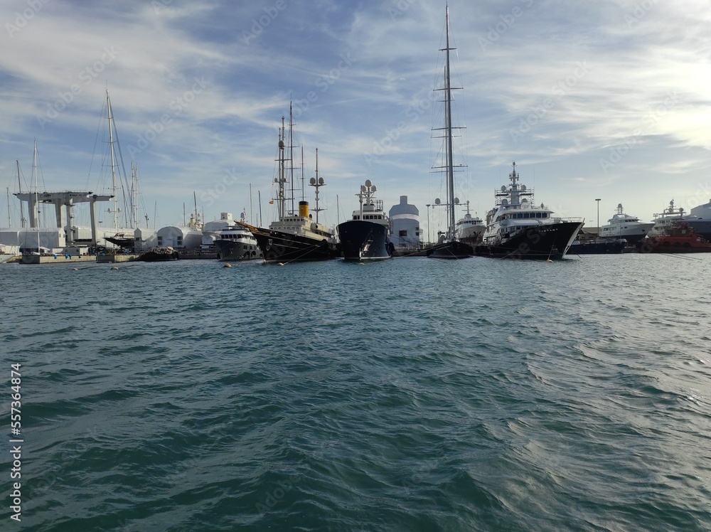 boats in the port, industry harbour, moored super yatch.
