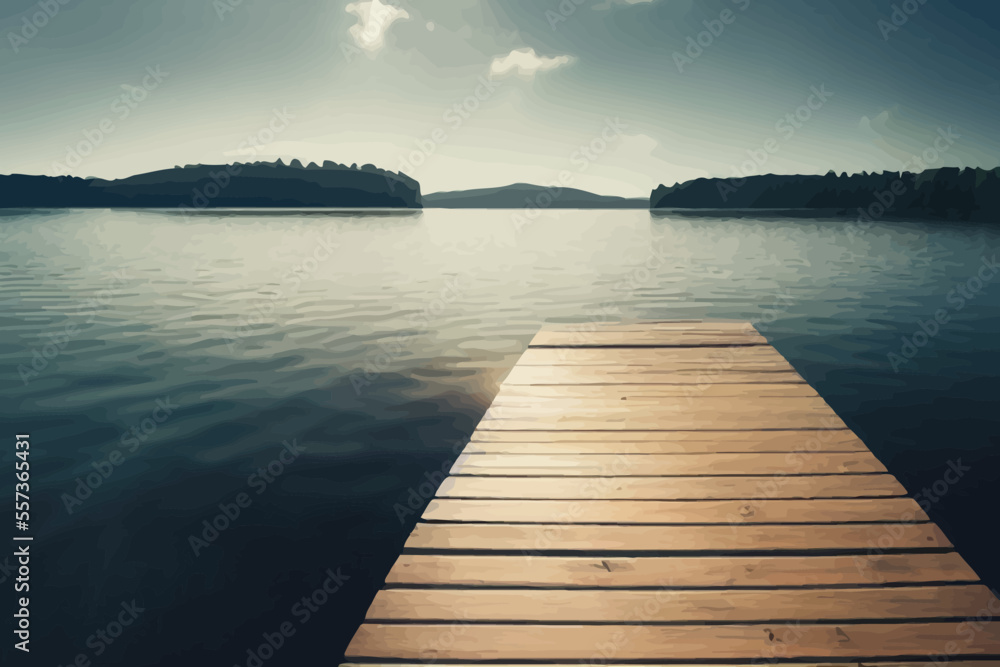 wooden dock lakeside in sunshine blurred water