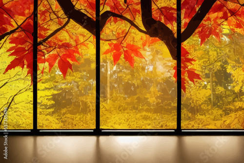 golden maple leaves frame with rustic tree trunk