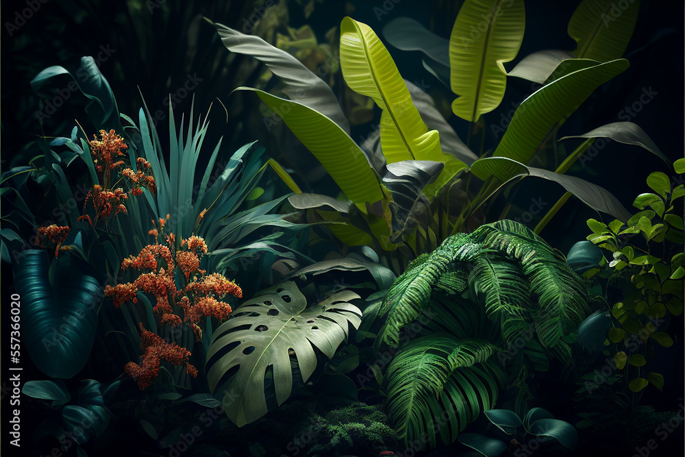 Obraz premium Amazon rainforest plants, tropical jungle, Generative ai