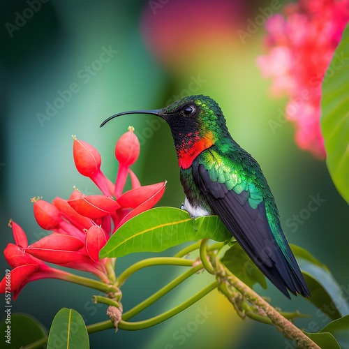A male Black-throated Mango hummingbird feeding on a red tubular flower with lush green foliage in the background. Generative AI © Create image